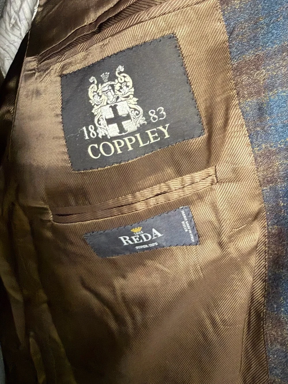 Coppley Men’s 44R Blue Brown Plaid Sport Coat Blazer Reda Super 110s 100% Wool